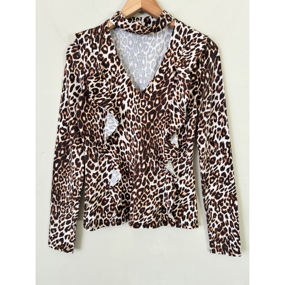 GUESS Fall Leopard Print Ruffle V-Neck Choker Top Long Sleeve Brown Tan M